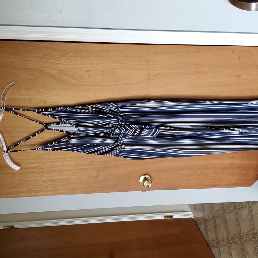Striped Navy Sleeveless Jumpsuit with Tie Front